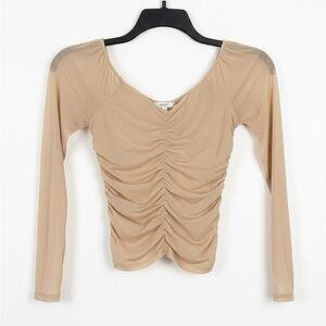 Tan Ruched Long Sleeve Bodycon Sheer Blouse